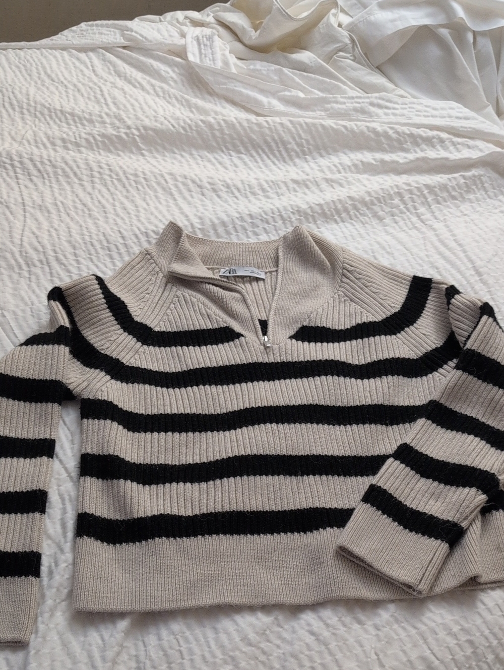 Zara Beige and Black Striped Zip-Neck Sweater